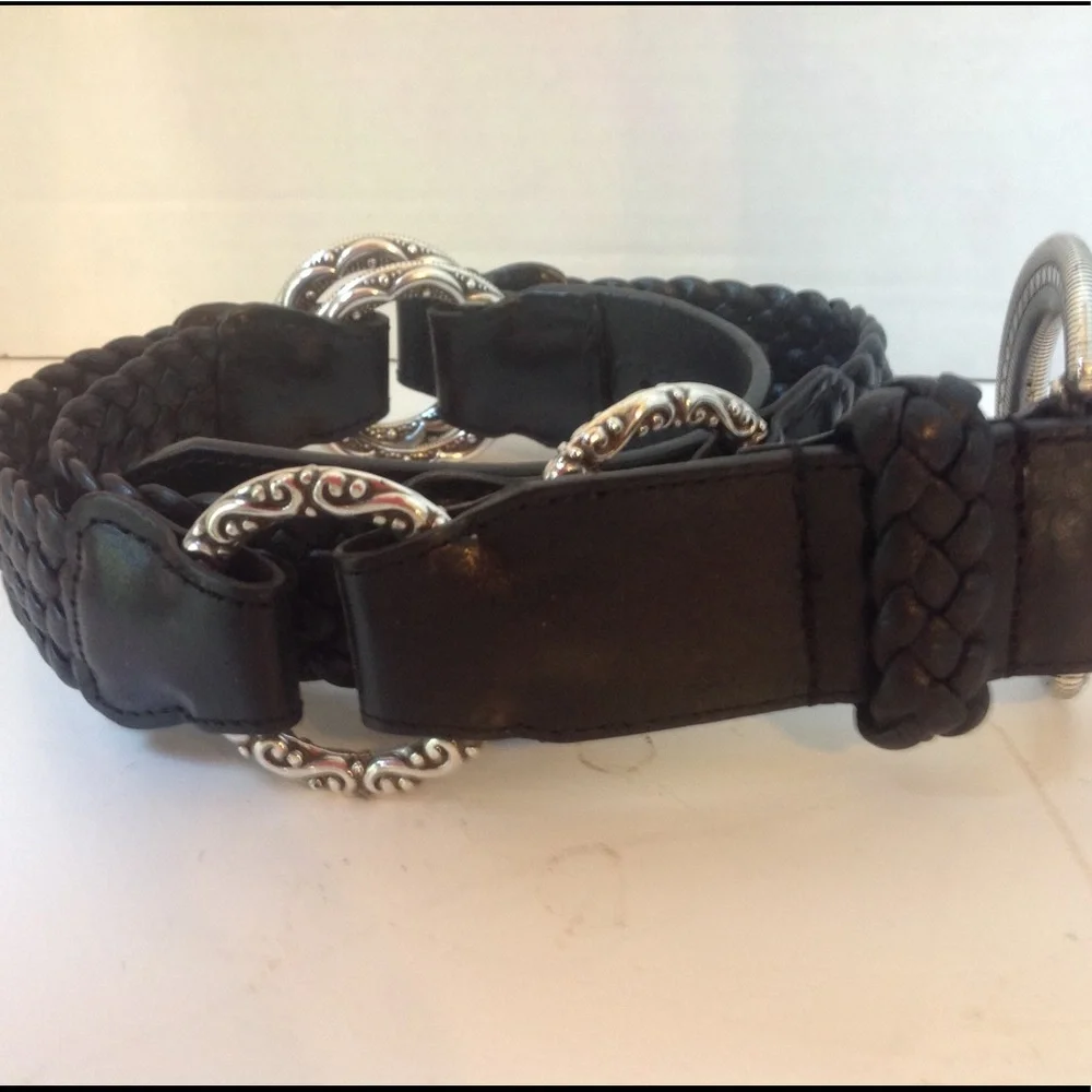 Brighton Black Leather Belt Silver Braided